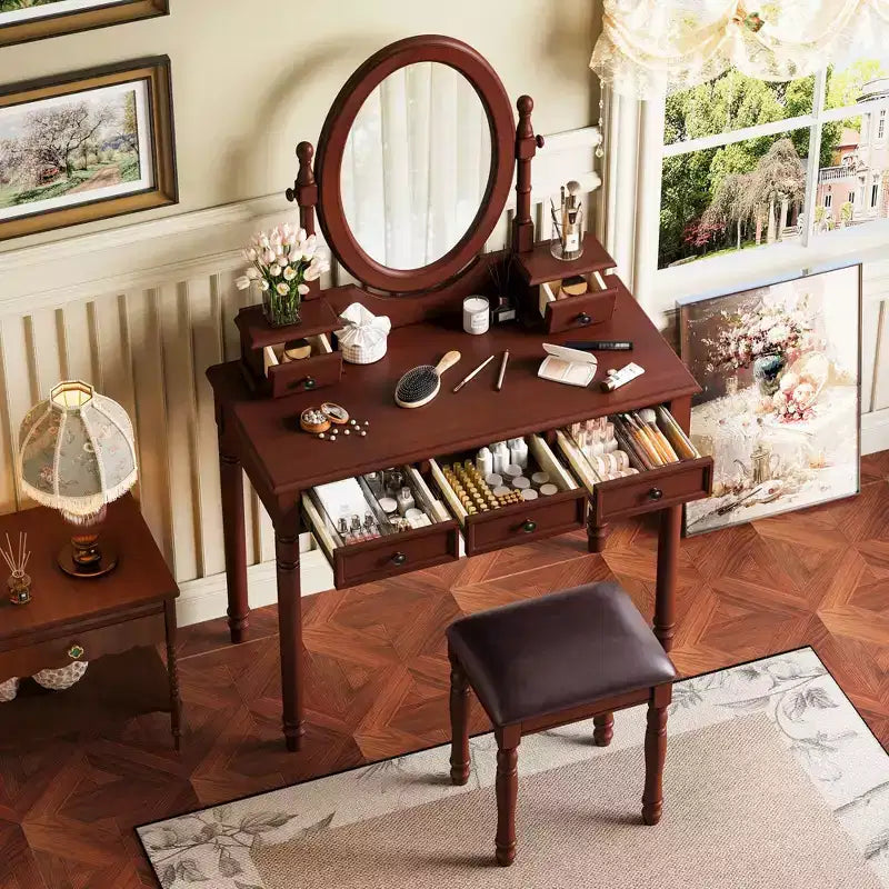 Okak Vintage Wooden Makeup Vanity with Adjustable Angle Mirror, Vanity Table with 5 Drawers and Cushioned Stool, Vanity Desk for Bedroom