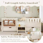 Bellemave Queen Size Toddler Bed with 14 Safety Guardrails, Space-saving Bed Frame with Built-in Bookshelves & 2 Under-Bed Storage Drawers