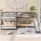 L Shaped Bunk Bed for 4 Kids, Quad Bunk Bed with Slide Full and Twin Wood Bunk Frame for Bedroom Dorm