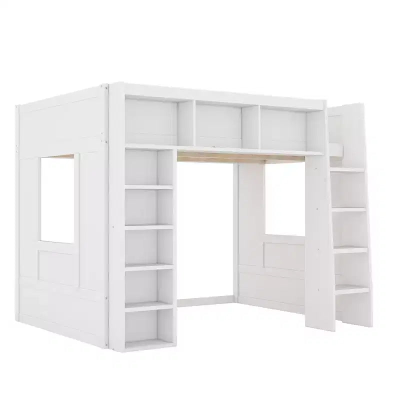 Whisen Queen Size Wooden Loft Bed Frame with Storage Cabinets and Shelves