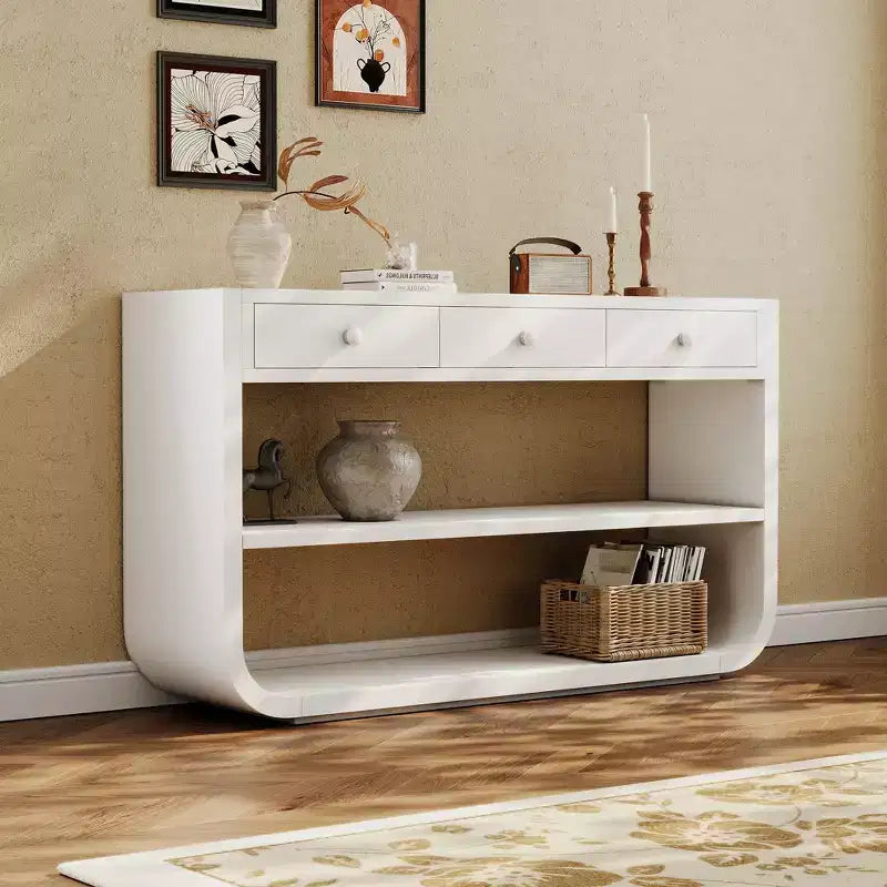 ModernLuxe Curved Console Table Entryway Table Sofa Side Table Display Stand Accent Table with 3 Soft-Close Drawers & 2 Open Shelves