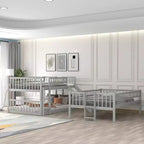 Full Over Full Triple Bunk Bed with Convertible Ladder and Slide, Triple Bed with Guardrails, White/Gray/Espresso - ModernLuxe