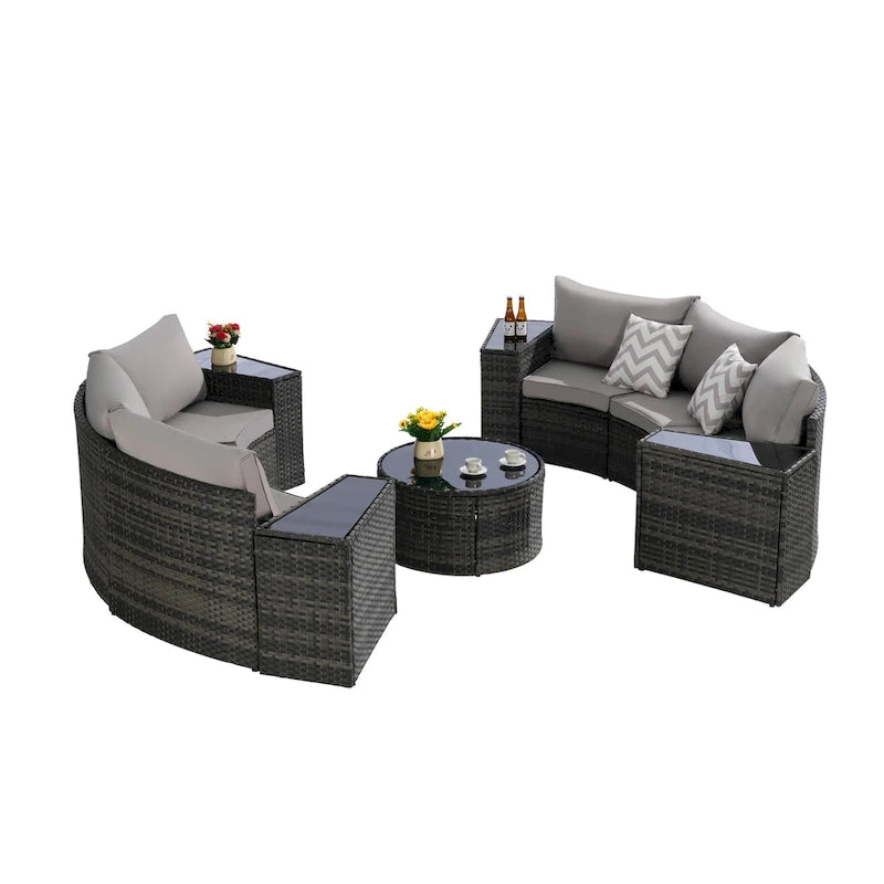 11-Piece Outdoor Half-Round Modular Sectional Sofa Set with Tempered Glass Coffee Table and 4 Side Table