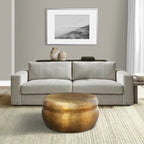 32 Inch Artisanal Round Drum Coffee Table, Hammered Embossed Texturing, Aluminum, Antique Brass