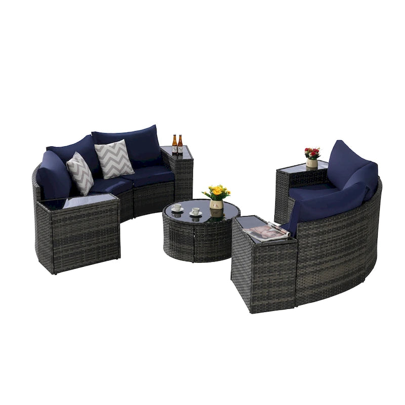 11-Piece Outdoor Half-Round Modular Sectional Sofa Set with Tempered Glass Coffee Table and 4 Side Table
