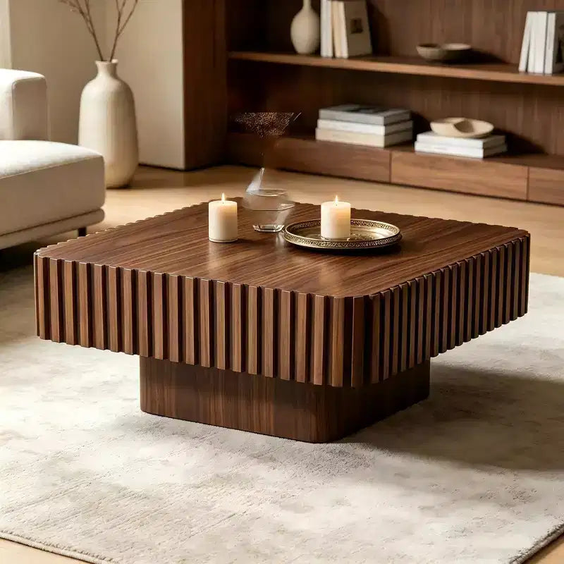 31.5 Modern Handcraft Drum Coffee Table, Square, Walnut MDF Pedestal