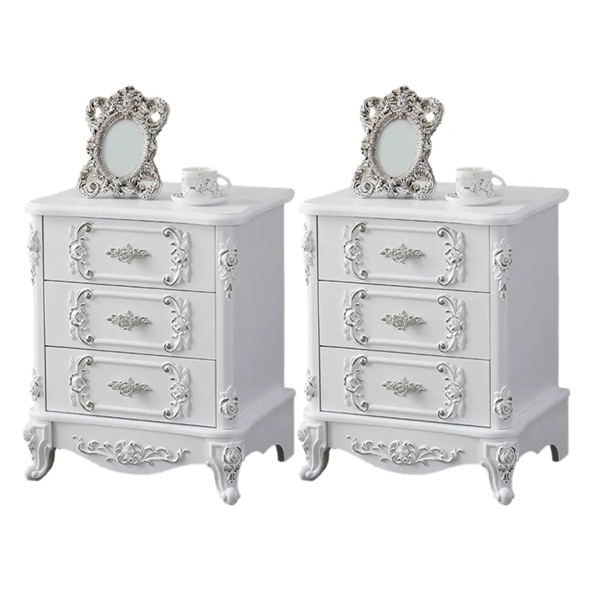 Traditional White Wood Carved 3-Drawer Nightstand
