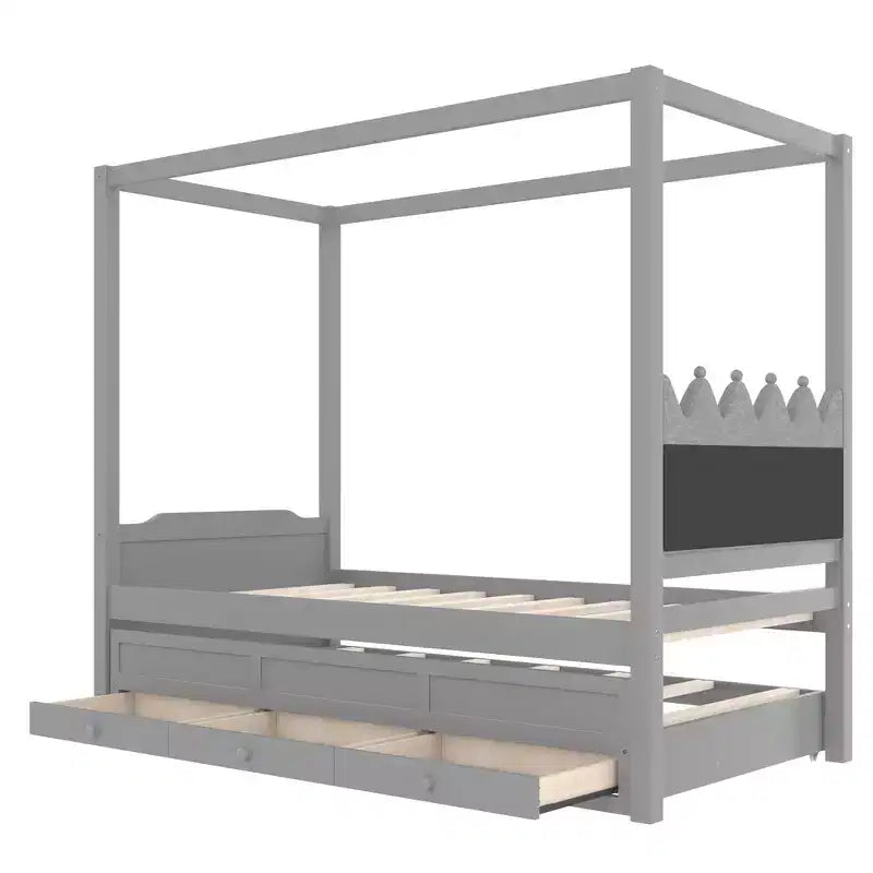 Twin/Full Size Platform Bed with Trundle, Princess Wood Canopy Bed with 3 Drawers, Storage Bed with Upholstered Headboard for Bedroom
