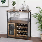 Grey 3-Tier Industrial Wine Bar Cabinet (12+ Bottles)  36H x 24W x 15D, Detachable Rack, 9 Glass Holders & Adjustable Shelves for Home/Bar