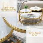 Round Tempered Glass Coffee Table with 3 Tiers 360 Degrees Rotating Top