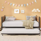 Twin Size Daybed with Trundle, Metal Frame with Wavy Wood Grain Headboard, Lockable Casters, Space-Saving Sofa Bed, No Box Spring Needed