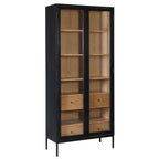 Modern Industrial Oak Veneer & Metal Cabinet with Large Glass Doors for Living Room or Study
