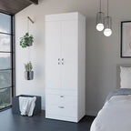 18.9  Modern Double-door Armoire with Two Bottom Drawers and Hanging Rod for Bedroom