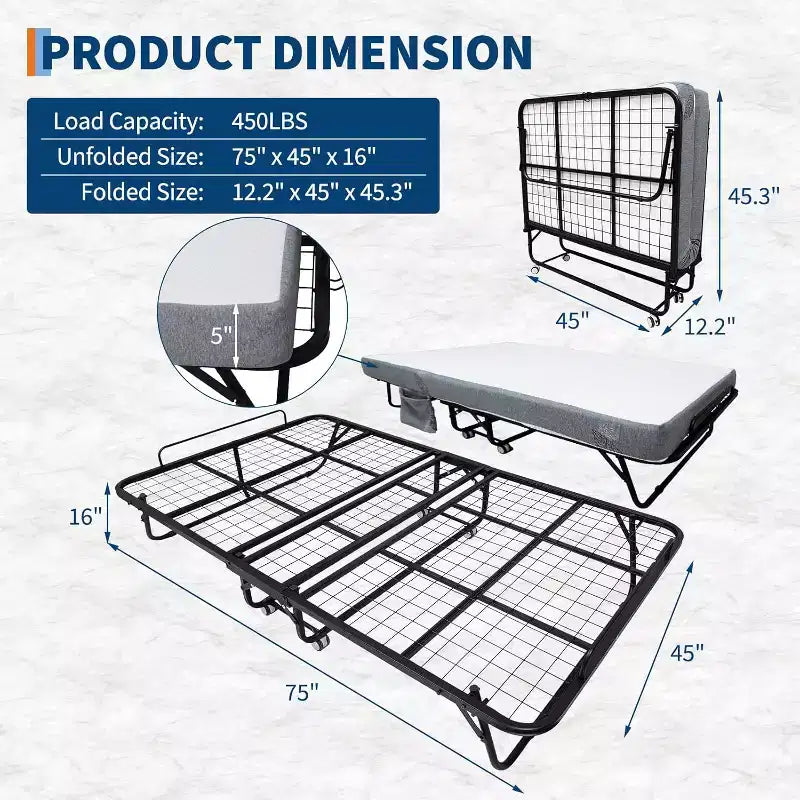 Folding Bed with Mattress for Adults,Portable Rollaway Guest Beds , Foldable Metal Frame Bed with 5 Memory Foam Mattress & Side Storage Pocket