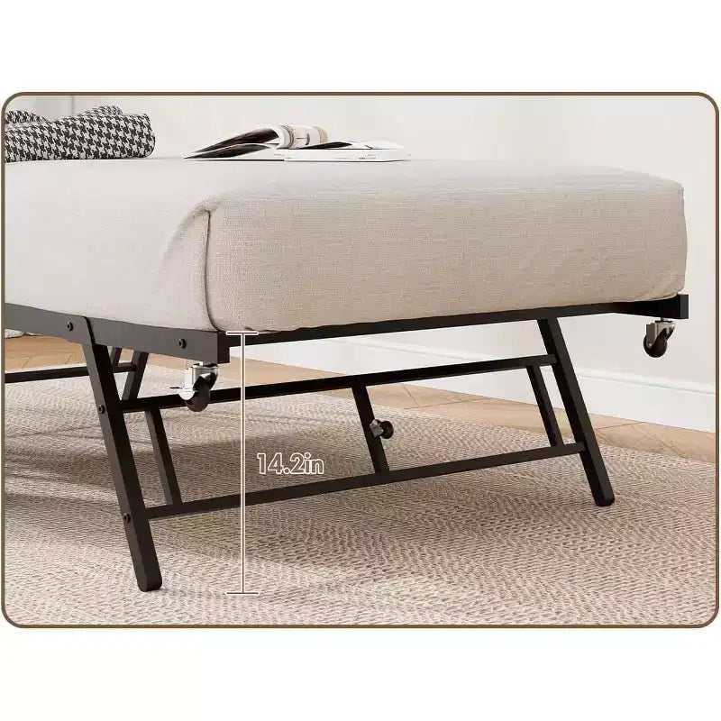 Twin Size Daybed with Trundle, Metal Frame with Wavy Wood Grain Headboard, Lockable Casters, Space-Saving Sofa Bed, No Box Spring Needed
