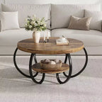 30 Inch Round Industrial Coffee Table 2-Tier with Adjustable Feet Wood Grain Shelf Flame Design Easy Assembly Living Room