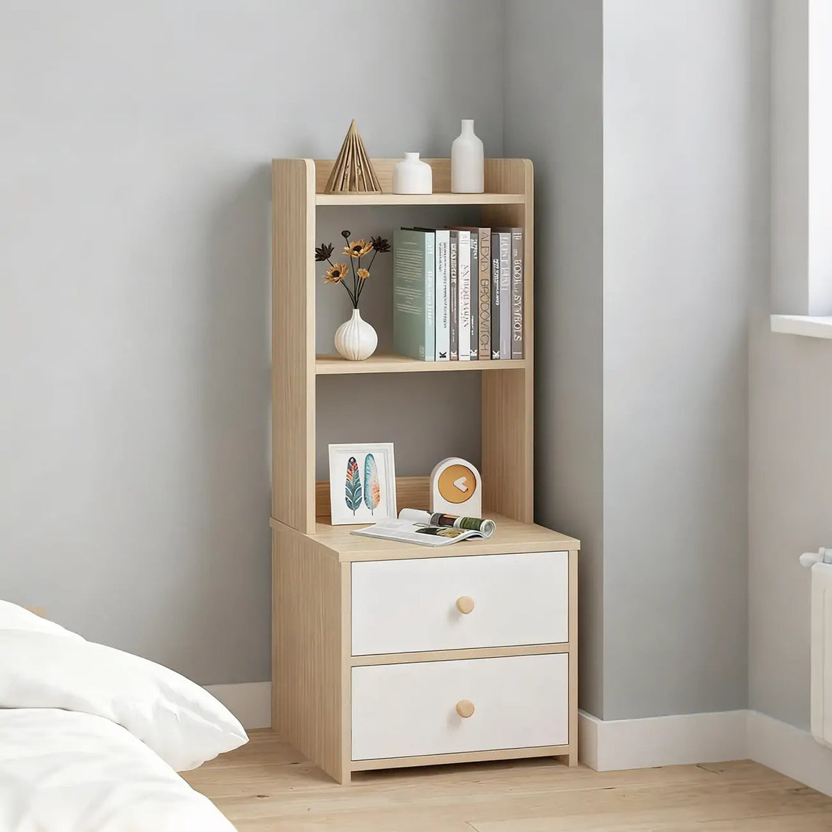 Modern Tall Wood Spacious Shelves 2-Drawer Nightstand