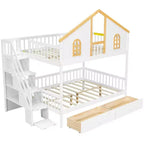 Whisen Twin Size Bunk Bed with Window Door and Roof, Storage Drawers and Staircase