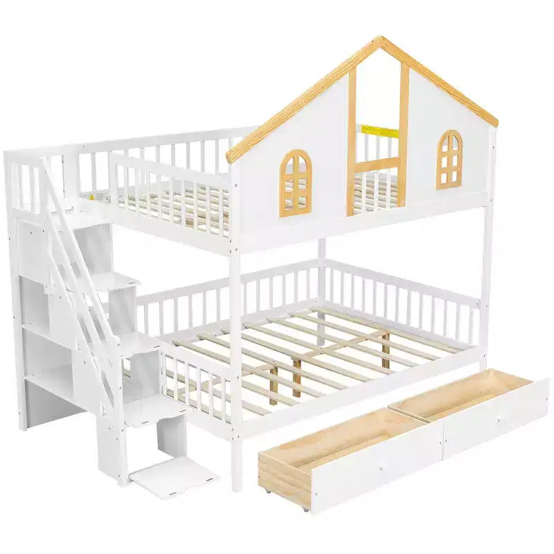 Whisen Twin Size Bunk Bed with Window Door and Roof, Storage Drawers and Staircase