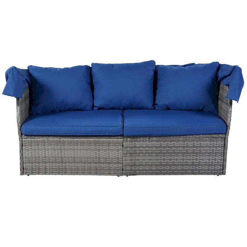 Outdoor Gray Wicker Daybed with Cushions and Retractable Canopy