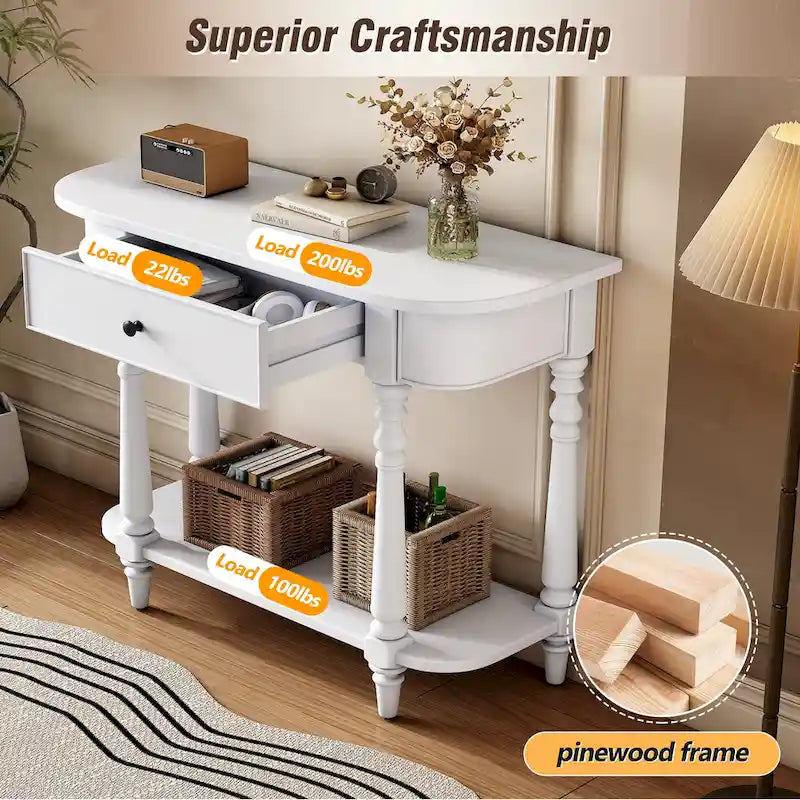 Retro Narrow Console Table with Curved Corner, Top Drawer & Open Shelf