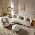 3-Seater Curved Sofa with Ball Cushions, Beige Linen Blend