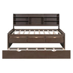 Full Size Wooden Captain Platform Bed with Built-in Bookshelves, Three Storage Drawers and Trundle