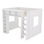 Whisen Queen Size Wooden Loft Bed Frame with Storage Cabinets and Shelves