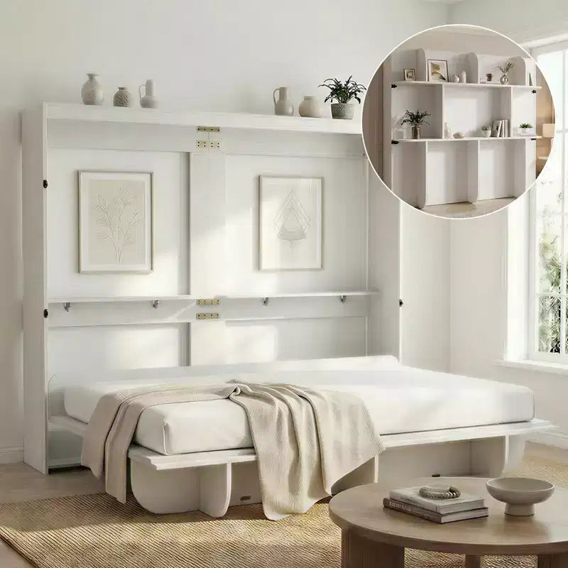 2-in-1 Invisible Murphy Bed with Shelf Storage, Queen Size, Natural Wood (Mattress Not Included)