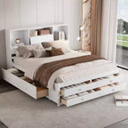 Queen/King Size Platform Bed Pine Wood Bed Frame with Storage Headboard and 8 Drawers
