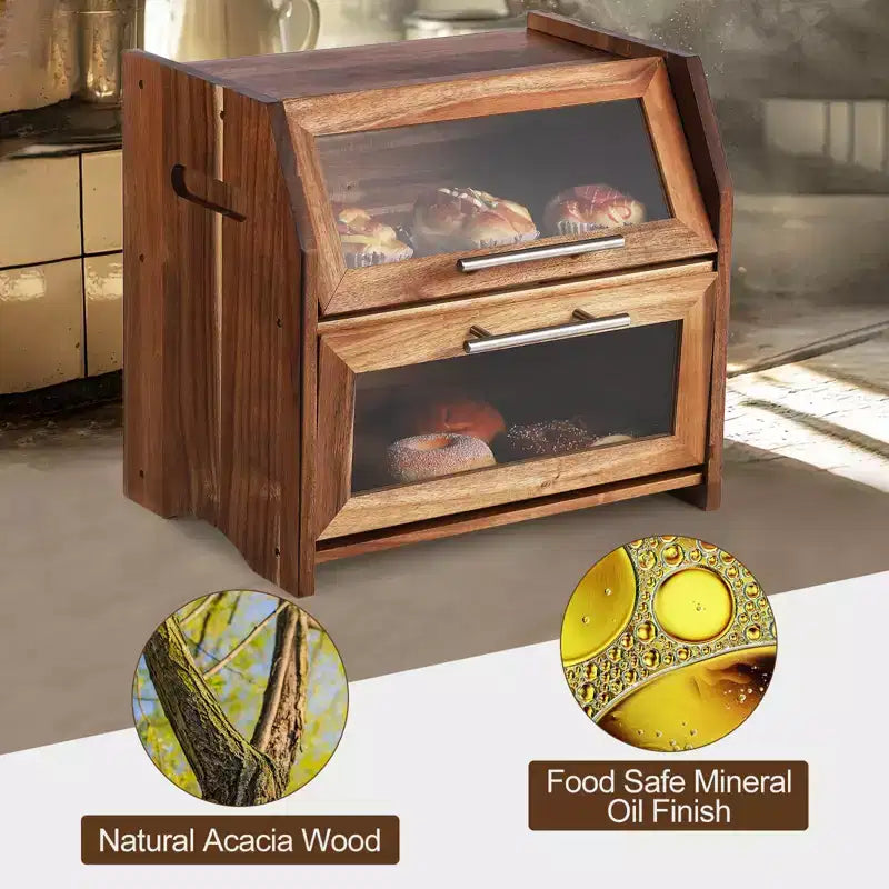 Bread Box, Double Layer Acacia Wooden Bread Bin with Clear Acrylic Door Panel, Air Vents, Countertop Bread Container, Rustic Brown Bread Holder
