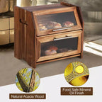 Bread Box, Double Layer Acacia Wooden Bread Bin with Clear Acrylic Door Panel, Air Vents, Countertop Bread Container, Rustic Brown Bread Holder