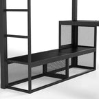 Bellemave Queen Metal Loft Bed with Desk, Storage Shelves & Hanging Rod, Space-Saving Loft Bed Frame with Guardrails & Ladder, No Box Spring, Black