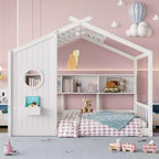Twin Size Floor House Bed, Kids Montessori Playhouse Bed with Storage Shelf and Roof Design