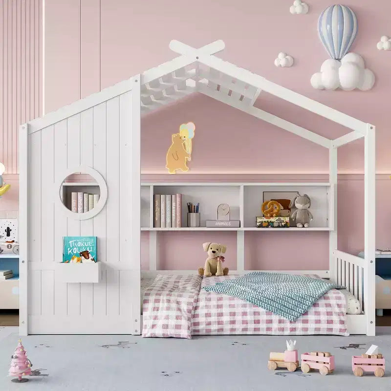 Twin Size Floor House Bed, Kids Montessori Playhouse Bed with Storage Shelf and Roof Design