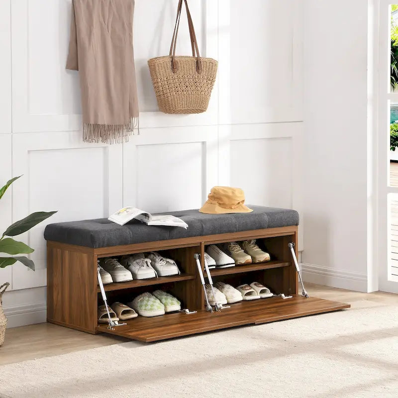 Shoe Storage Bench Entryway Shoe Cabinet Storage Ottoman with Padded Seat Cushion and Double Doors for Entryway