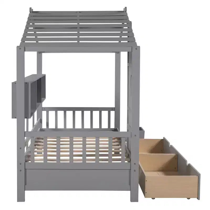 Whisen Twin Size House Bed & Kids Bed, Playhouse Bed with 2 Drawers, Storage Shelf