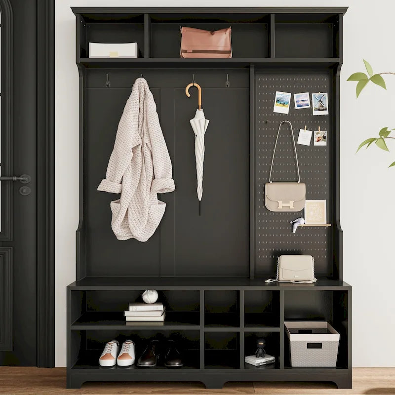 Multifunctional Hall Tree with Shoe Bench, Pegboard, and Ample Storage
