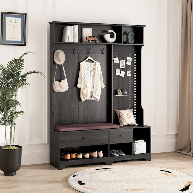 Multifunctional Hall Tree with Shoe Bench, Pegboard, and Ample Storage