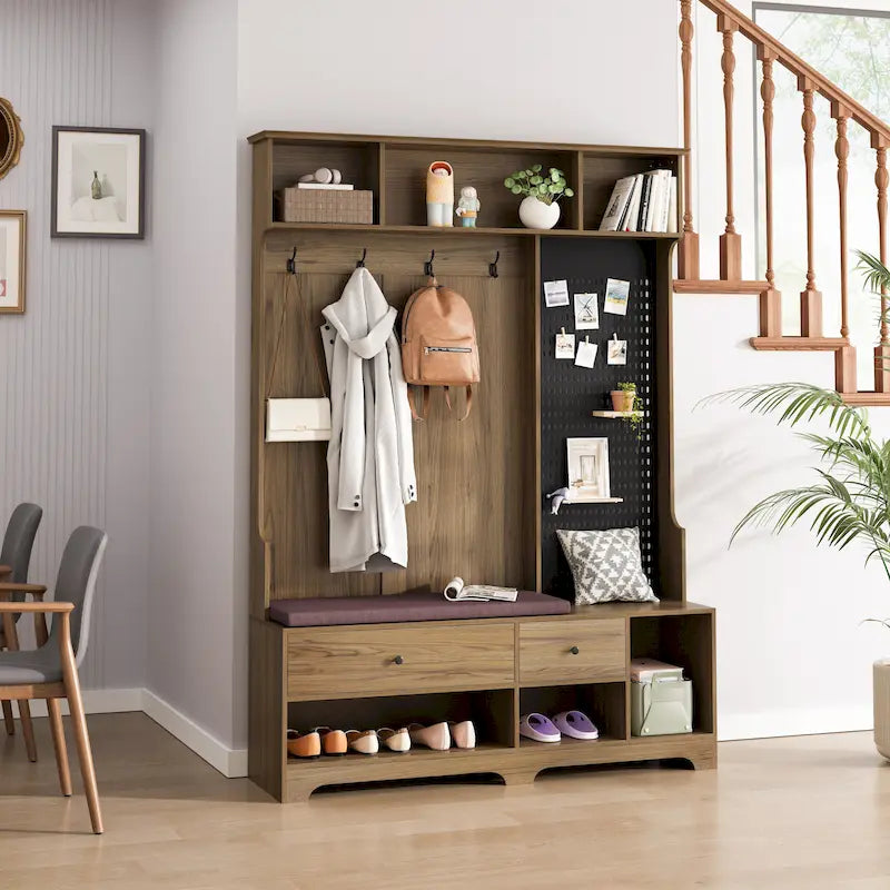 Multifunctional Hall Tree with Shoe Bench, Pegboard, and Ample Storage