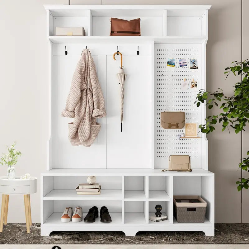 Multifunctional Hall Tree with Shoe Bench, Pegboard, and Ample Storage