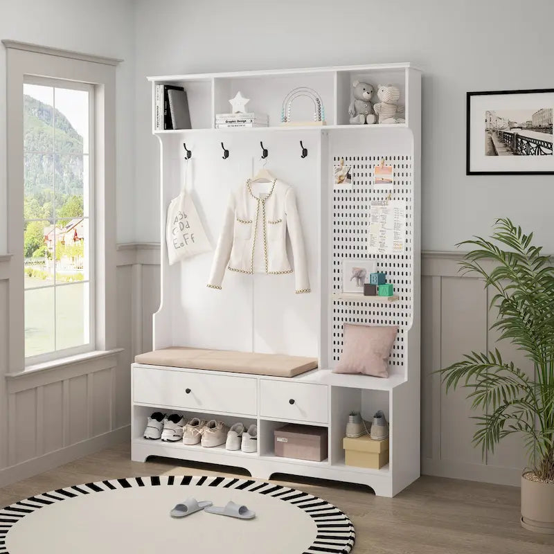 Multifunctional Hall Tree with Shoe Bench, Pegboard, and Ample Storage