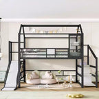 House Loft Bed with Slide and Storage Stairs - Metal Frame for Kids and Teens