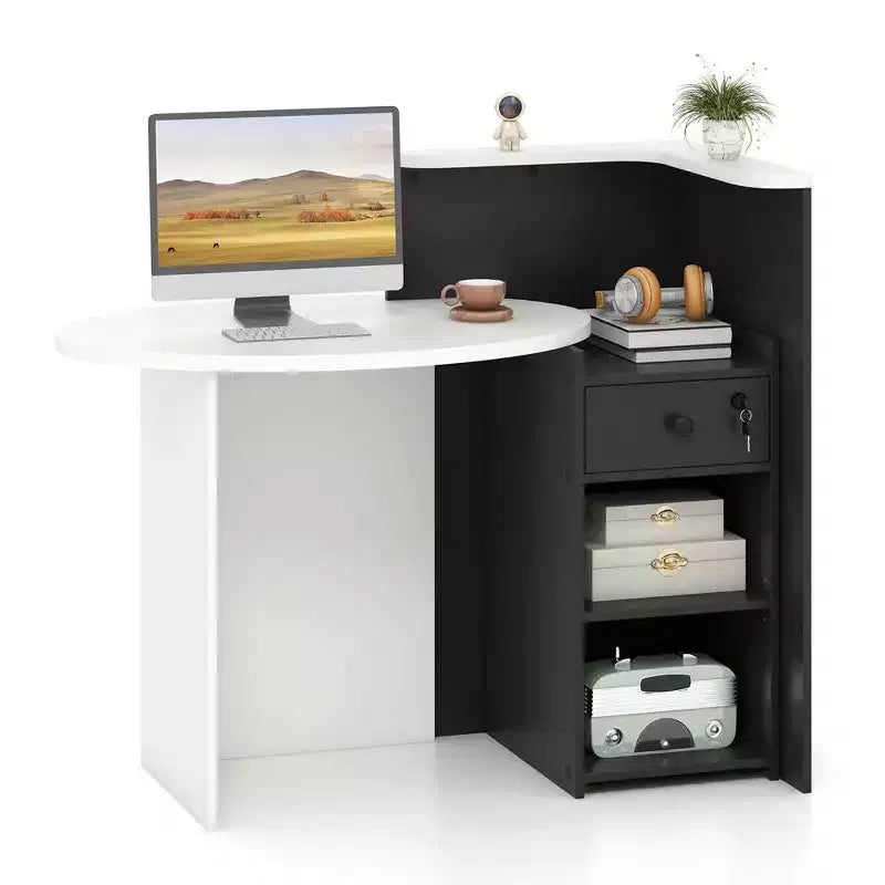 Costway Front Reception Counter Desk Checkout Office Desk with Open Shelf & Lockable Drawer White/Brown/Black