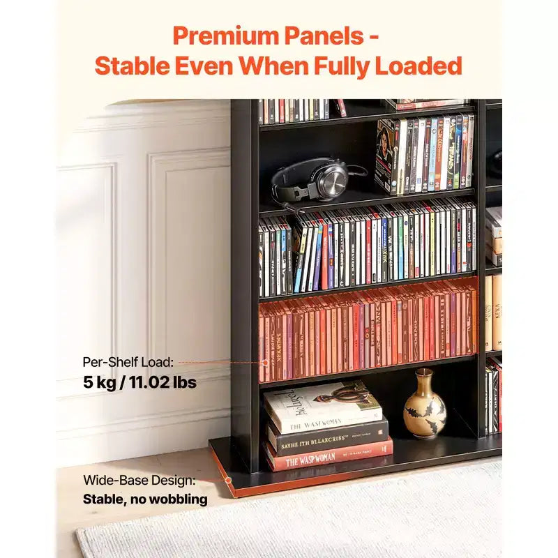 VEVOR Media Storage Cabinet, 8-Tier DVD Shelf Organizer, 55.91 x 8.66 x 51.18 in Multimedia Storage Organizer for CDs, DVDs, Books & Games, Black