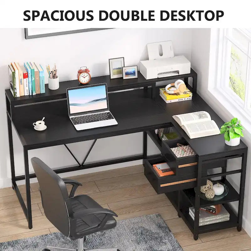 L Shaped Desk with Drawer, Home Office Corner Desk with Storage Shelves and Monitor Stand, Rustic PC Desk for Small Space
