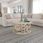 Alina Coffee Table Handcrafted Mango Wood Floral Carved Cut Out Design Distressed White Finish 33 Inch