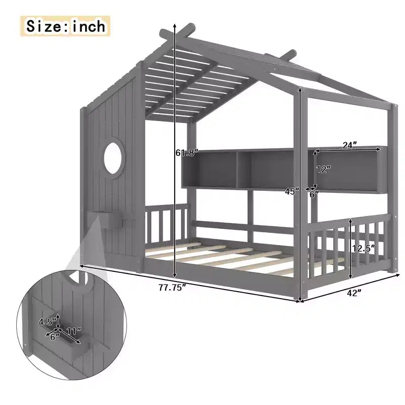 Twin Size Floor House Bed, Kids Montessori Playhouse Bed with Storage Shelf and Roof Design