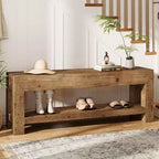 47.24 Solid Wood Entryway Bench with Open Shelves, Rustic Brown
