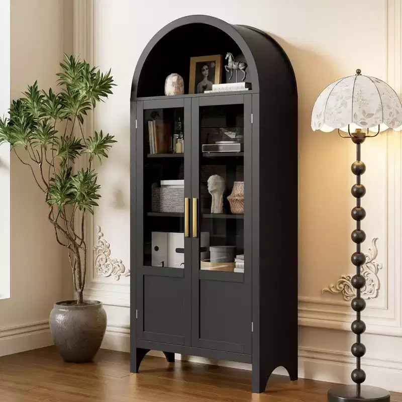 71 Tall Arched Storage Cabinet with 2 Acrylic Doors and Shelves for Living Room